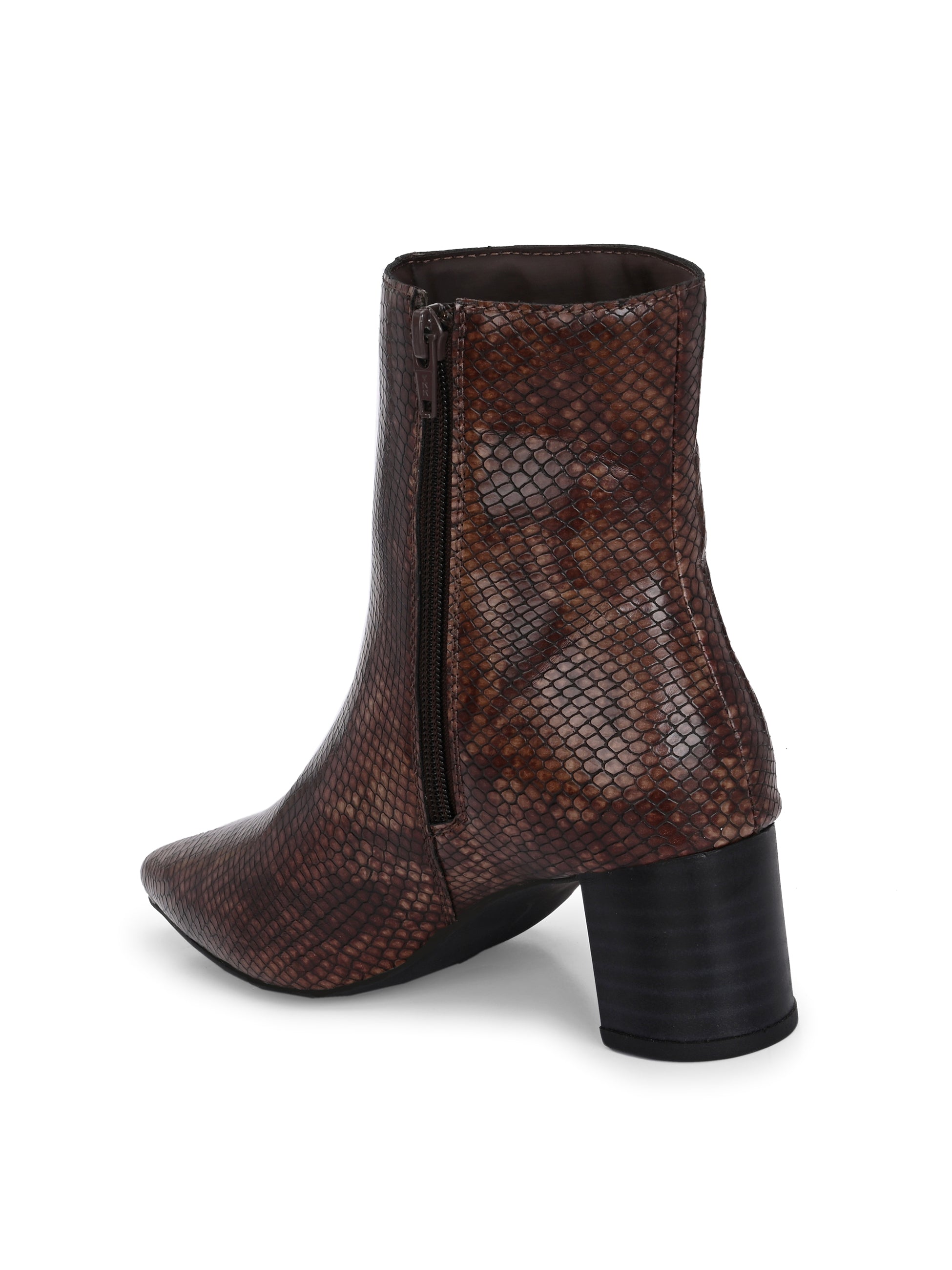 brown textured ankle boots with a sleek snakeskin pattern and a block heel design