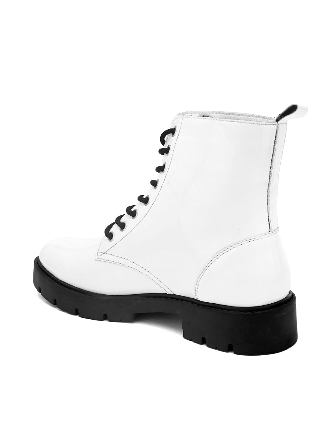 Shiny White Lace-Up Block Heel Boots