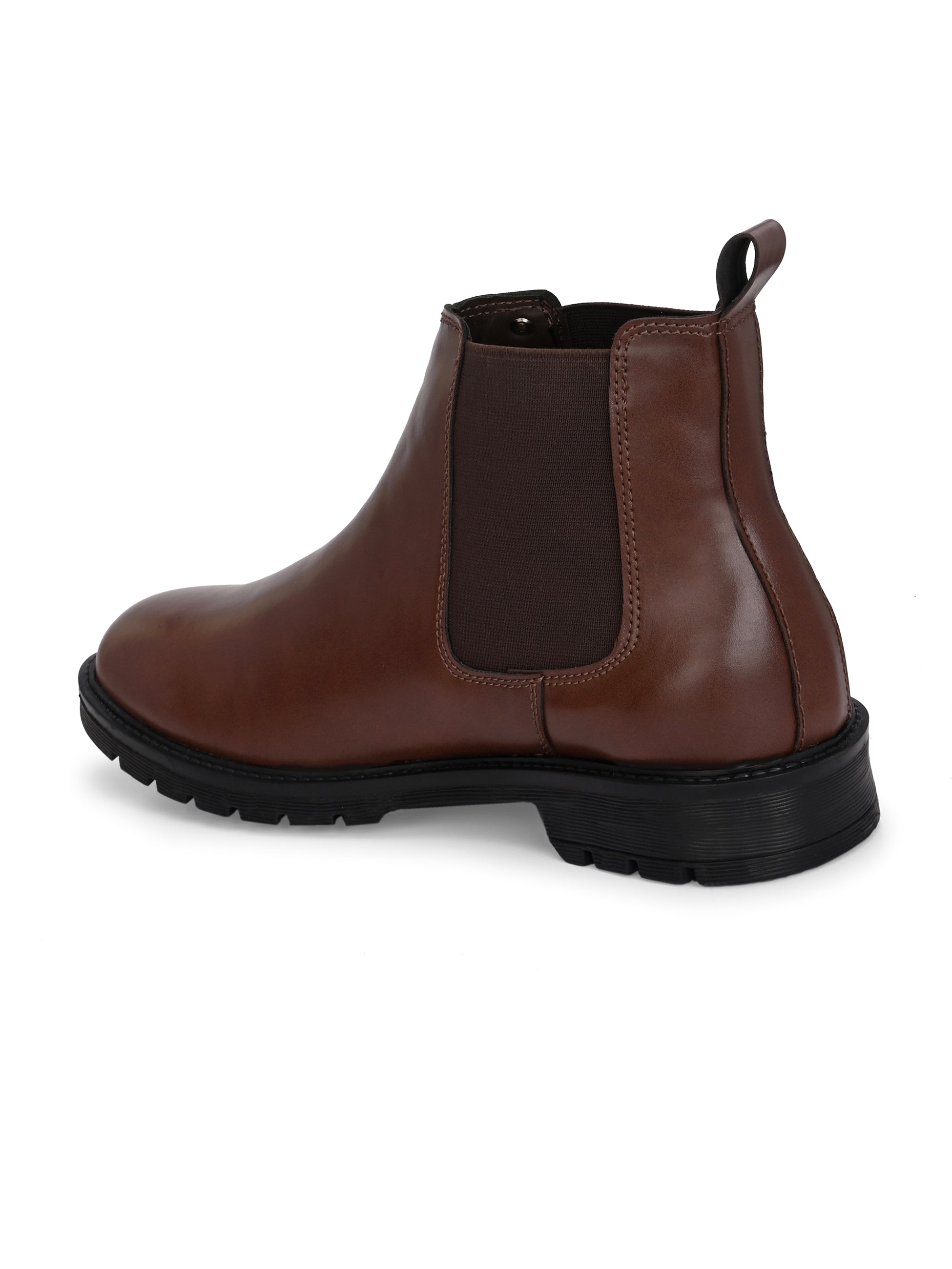 Brown Chelsea boots with elastic side panels, a pull-tab at the heel, rounded toe, and a small metallic brand logo near the ankle.