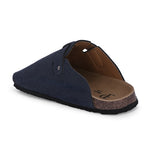 Blue suede slip-on clog with a black rubber sole and adjustable strap.