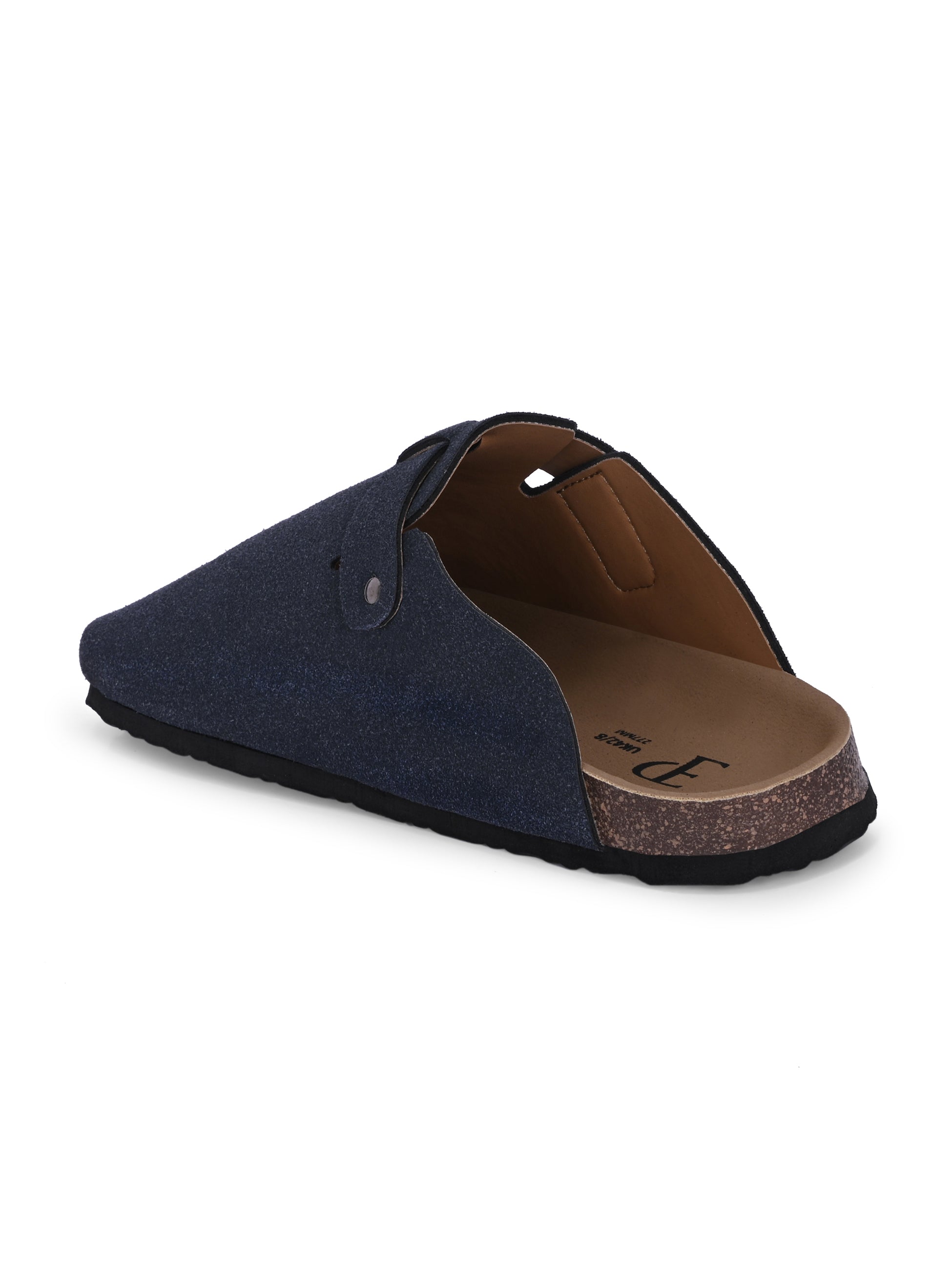 Blue suede slip-on clog with a black rubber sole and adjustable strap.
