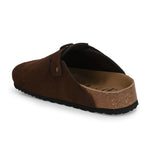 Brown suede slip-on clog with a black rubber sole and adjustable strap.
