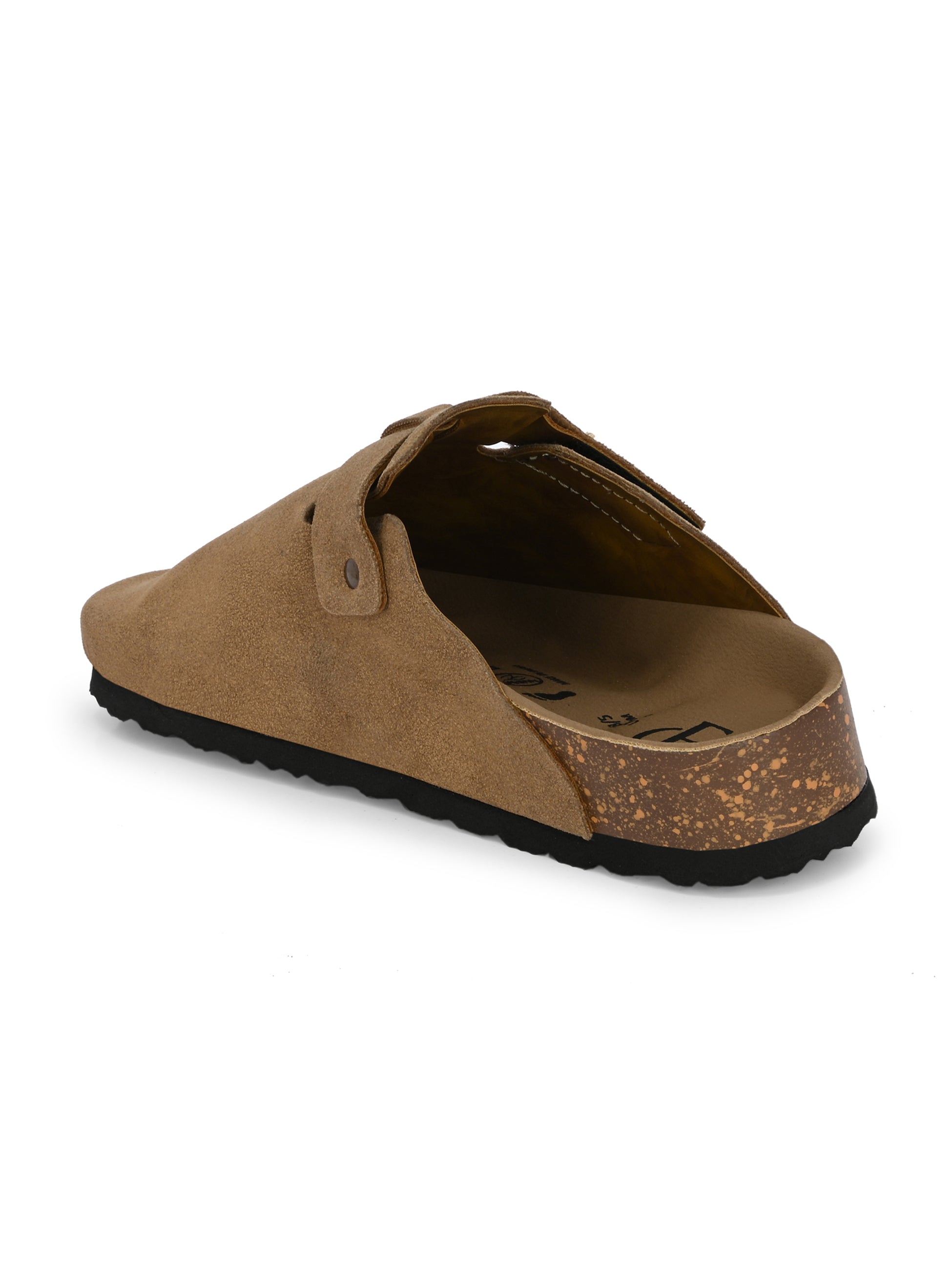 Olive suede slip-on clog with a black rubber sole and adjustable strap.