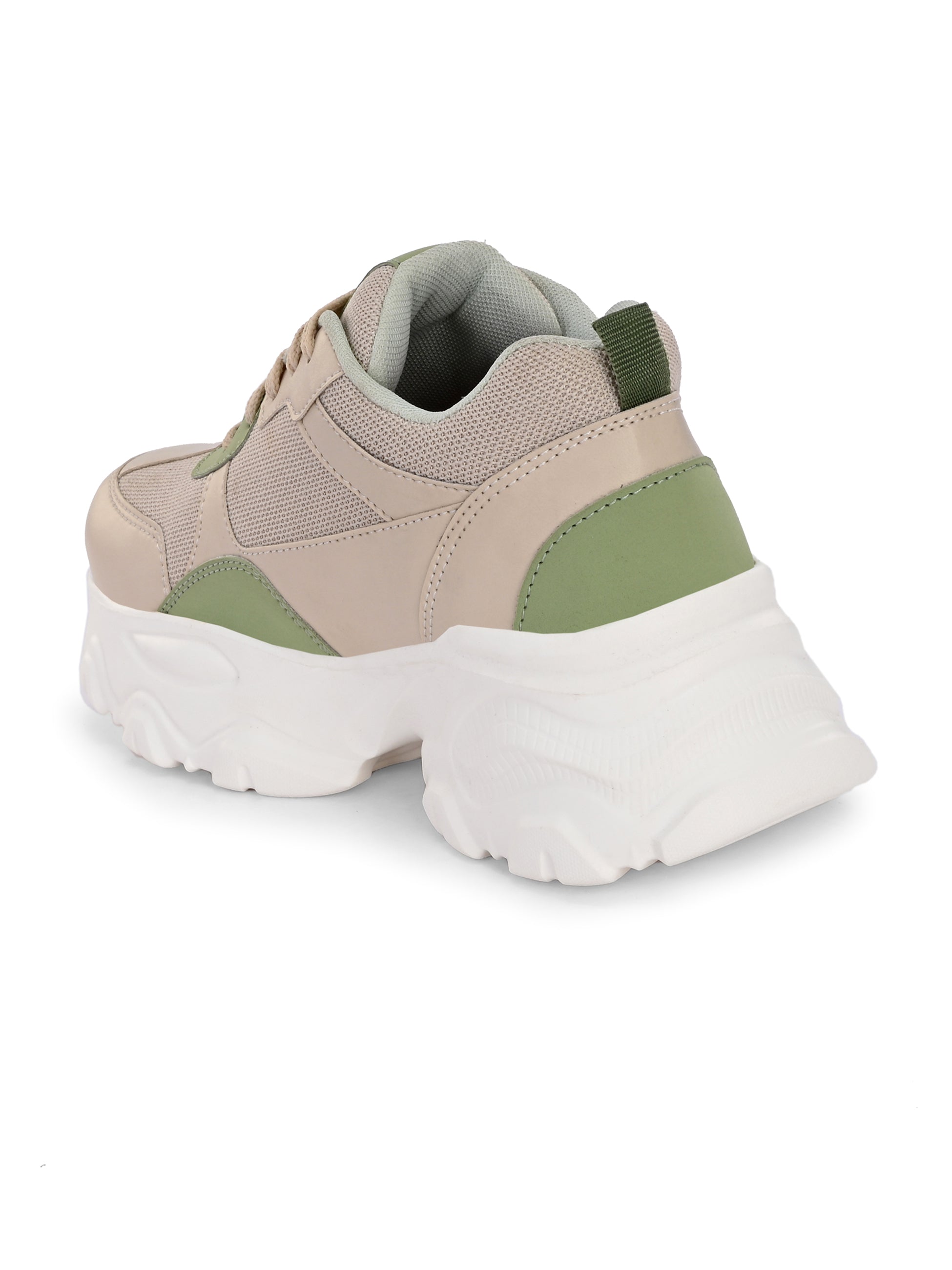 Beige and green chunky sneaker with a textured sole and modern design