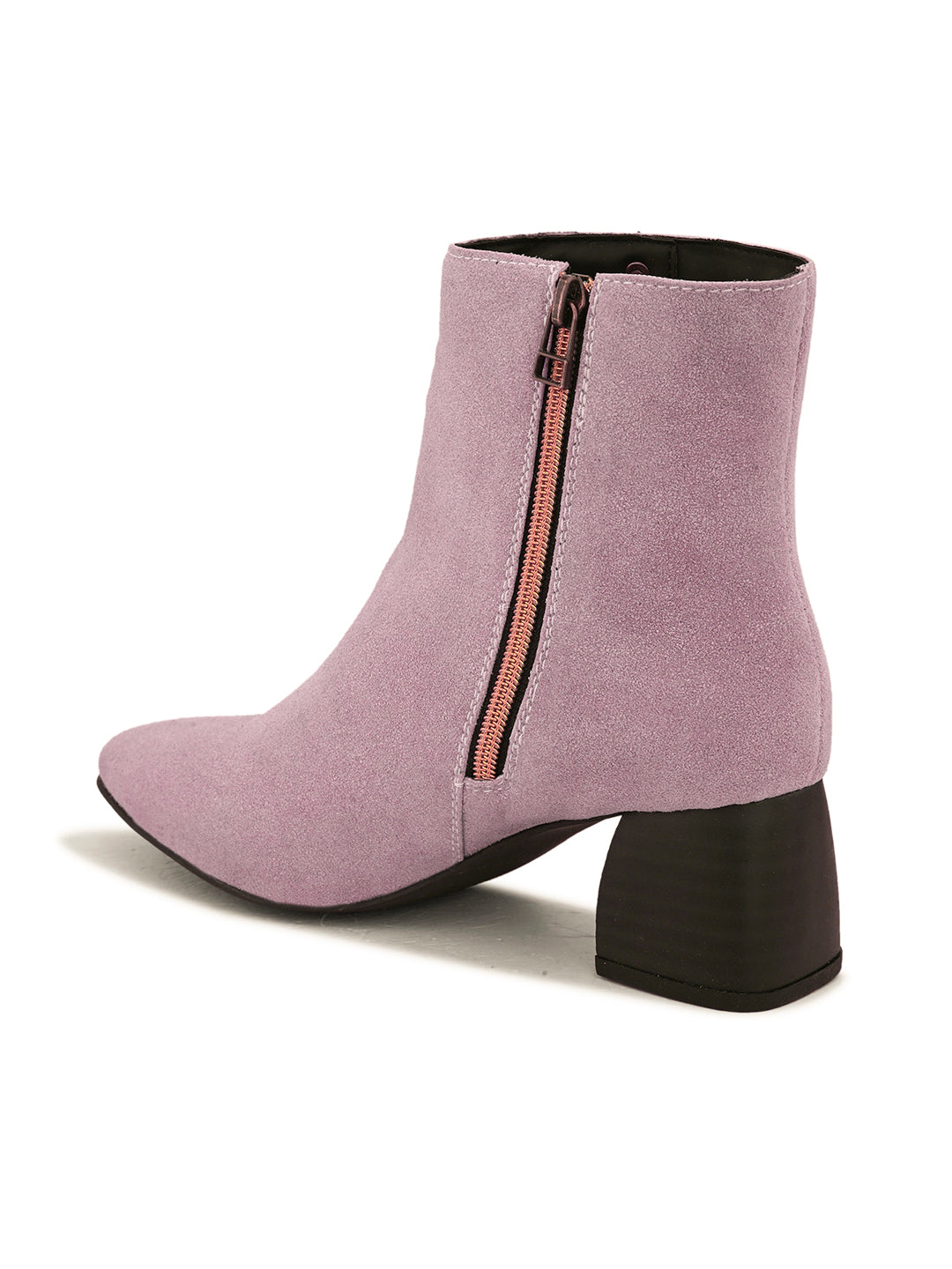 Light pink suede ankle boots with a sleek design and block heel.