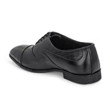 A black formal shoe with a textured pattern, lace-up design, and smooth toe cap.