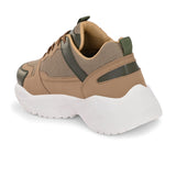 A Sneaker in Beige color with green texture and brown lace-up