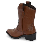 Tan ankle boots with intricate decorative stitching, featuring a slip-on design.