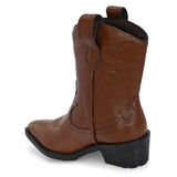 Tan ankle boots with intricate decorative stitching, featuring a slip-on design.