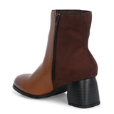 women black zip ankle length boots with a smooth leather front, suede back, block heel, pointed toe