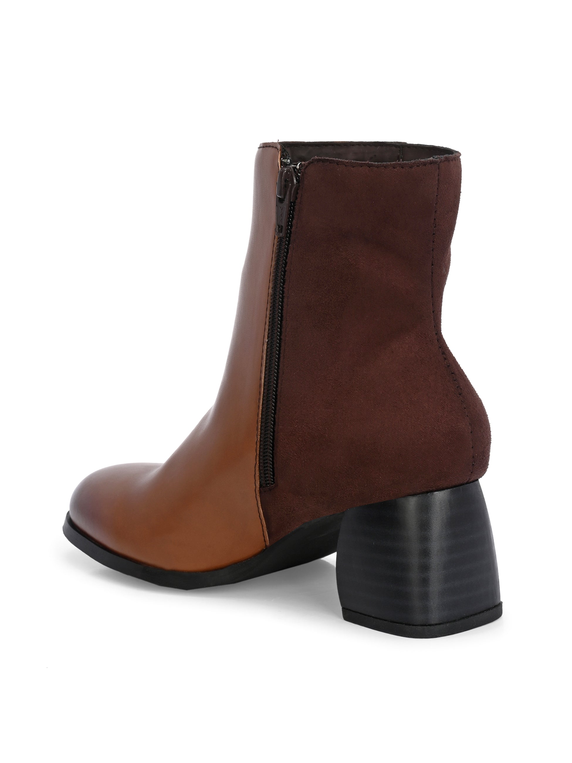 women black zip ankle length boots with a smooth leather front, suede back, block heel, pointed toe