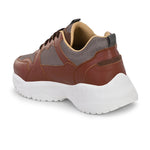 Men's brown and grey mesh sneakers with a chunky white sole.