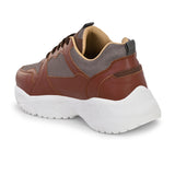 Men's brown and grey mesh sneakers with a chunky white sole.