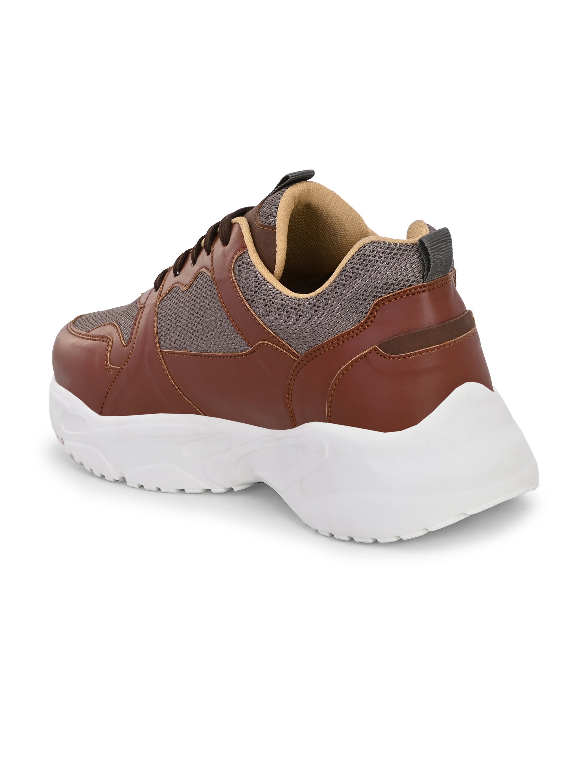Men's brown and grey mesh sneakers with a chunky white sole.