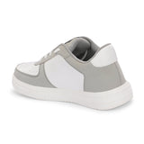 A white and grey sneaker featuring a sleek design and a clean white sole, perfect for casual wear.