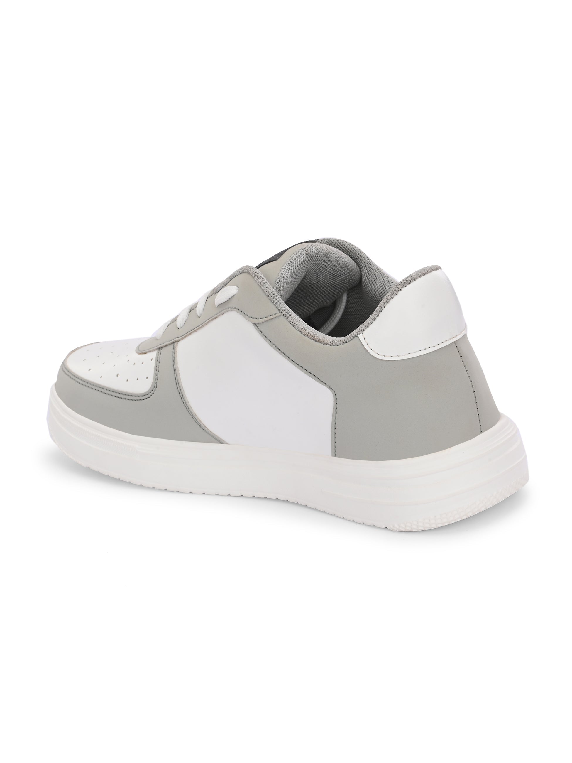 A white and grey sneaker featuring a sleek design and a clean white sole, perfect for casual wear.