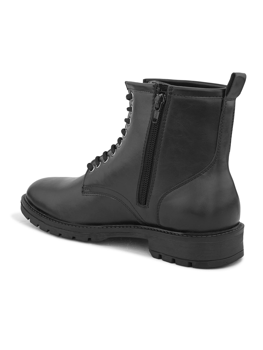 A sleek black patent leather Chelsea lace-up boot with a side zipper, pull-tab at the back, and a low block heel.