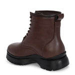 A sleek brown leather Chelsea lace-up boot with a side zipper, pull-tab at the back, and a low block heel.