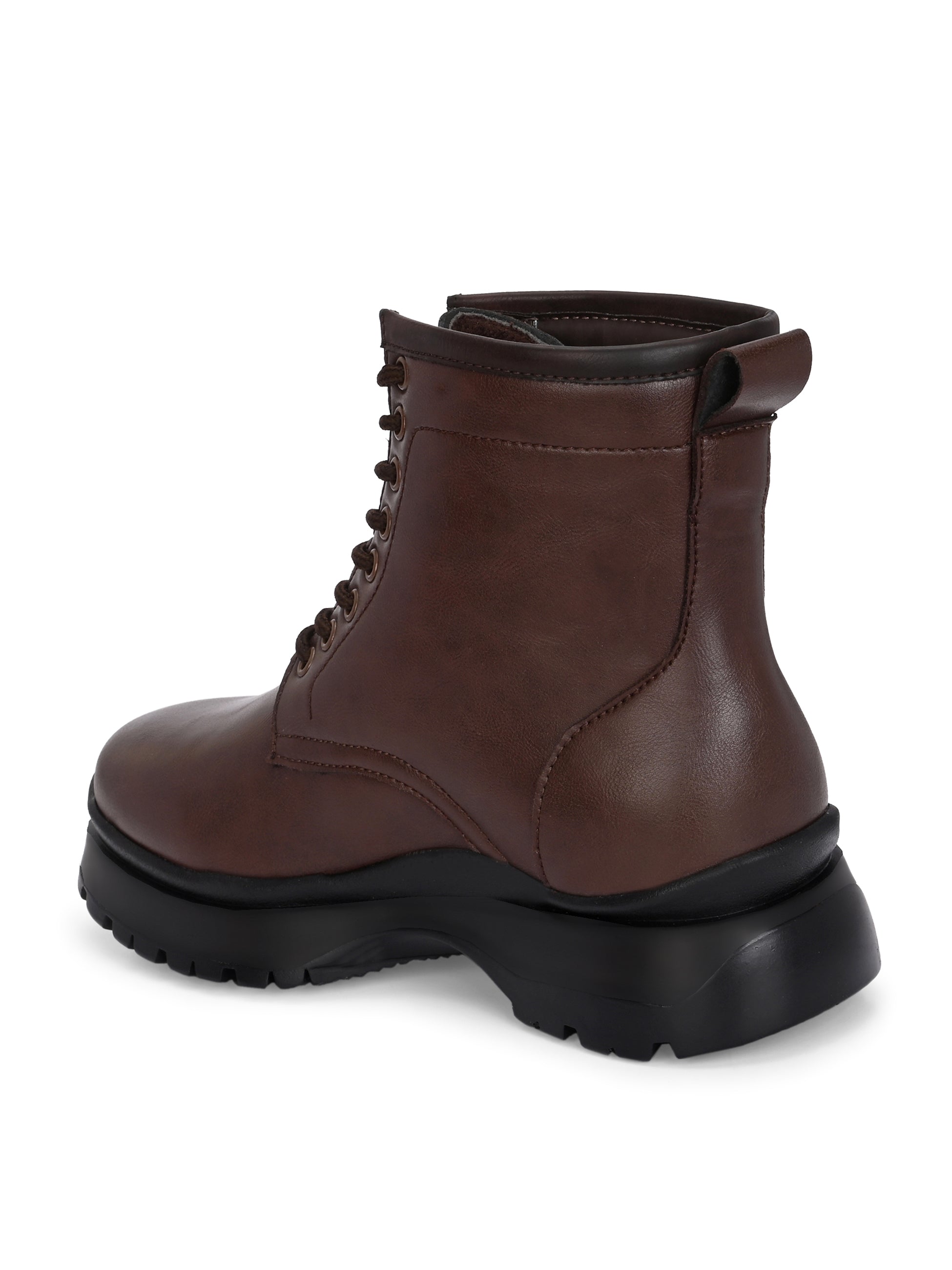 A sleek brown leather Chelsea lace-up boot with a side zipper, pull-tab at the back, and a low block heel.