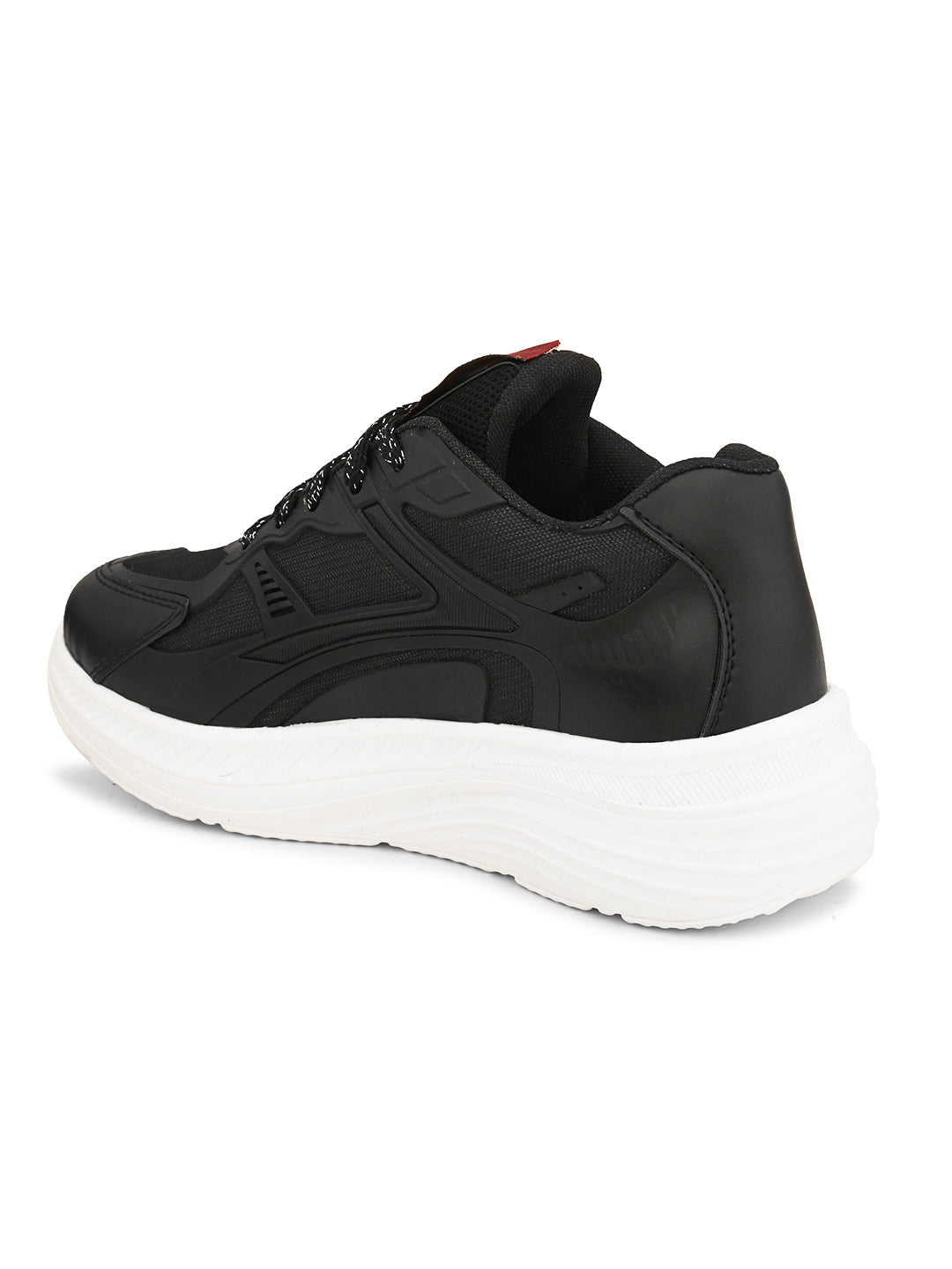A black and white sneaker with a simple design.