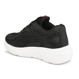 A black and white sneaker with a simple design.