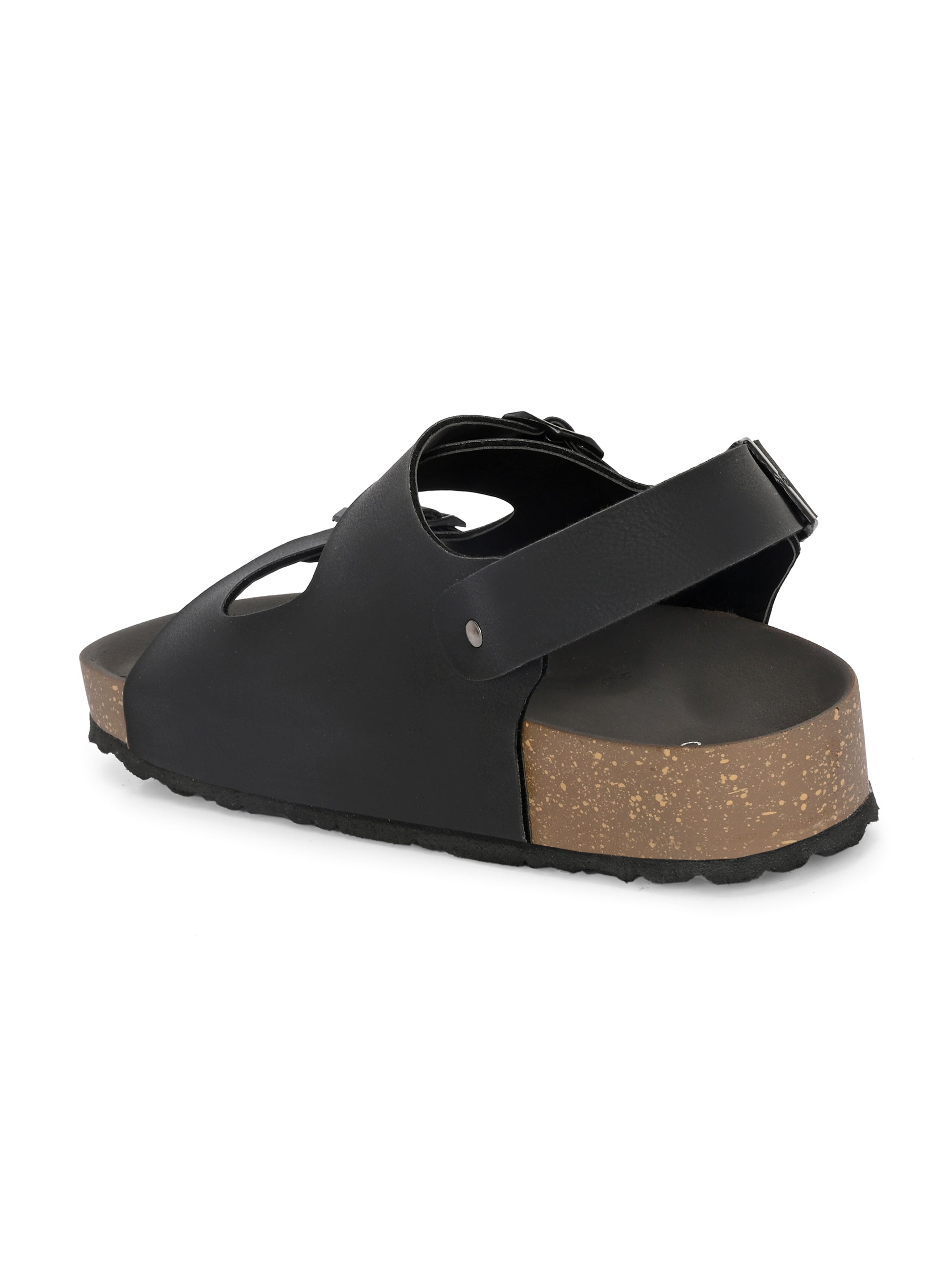 Black Men's casual flat heel buckle strap sandal with back strap closure