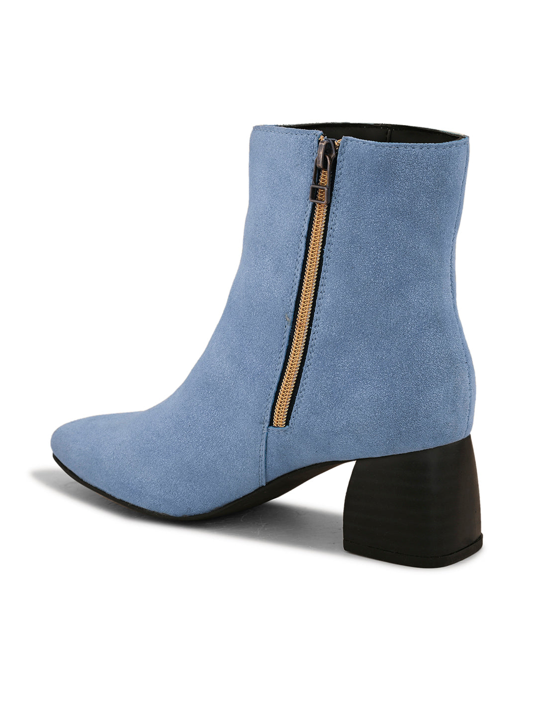 Light blue suede ankle boots with a sleek design and block heel.