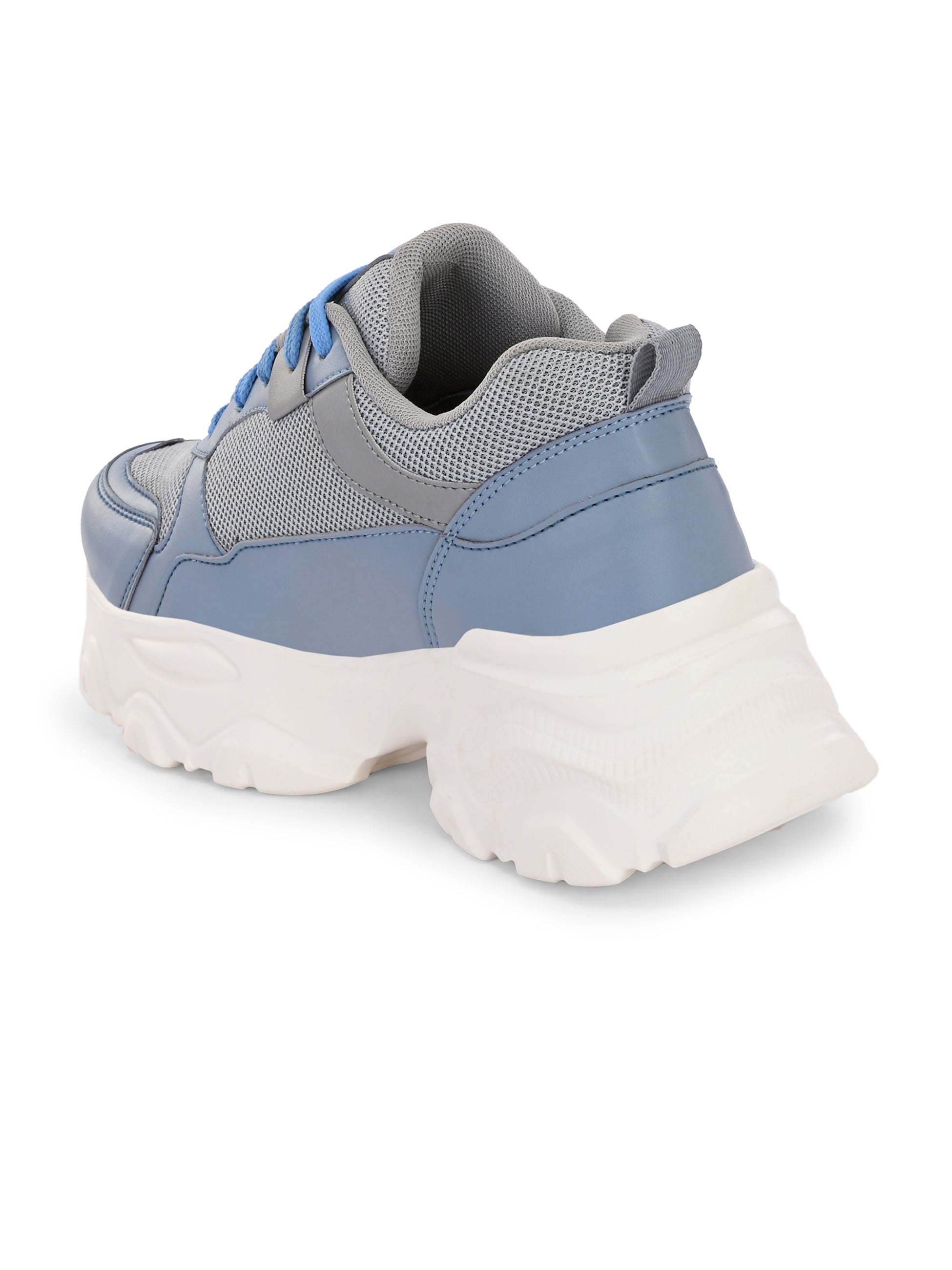 A chunky sneaker with a gray mesh upper, blue leather panels, blue laces, and a thick white sole.