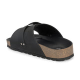 Black Men's casual flat heel strap sandal with slip-on closure