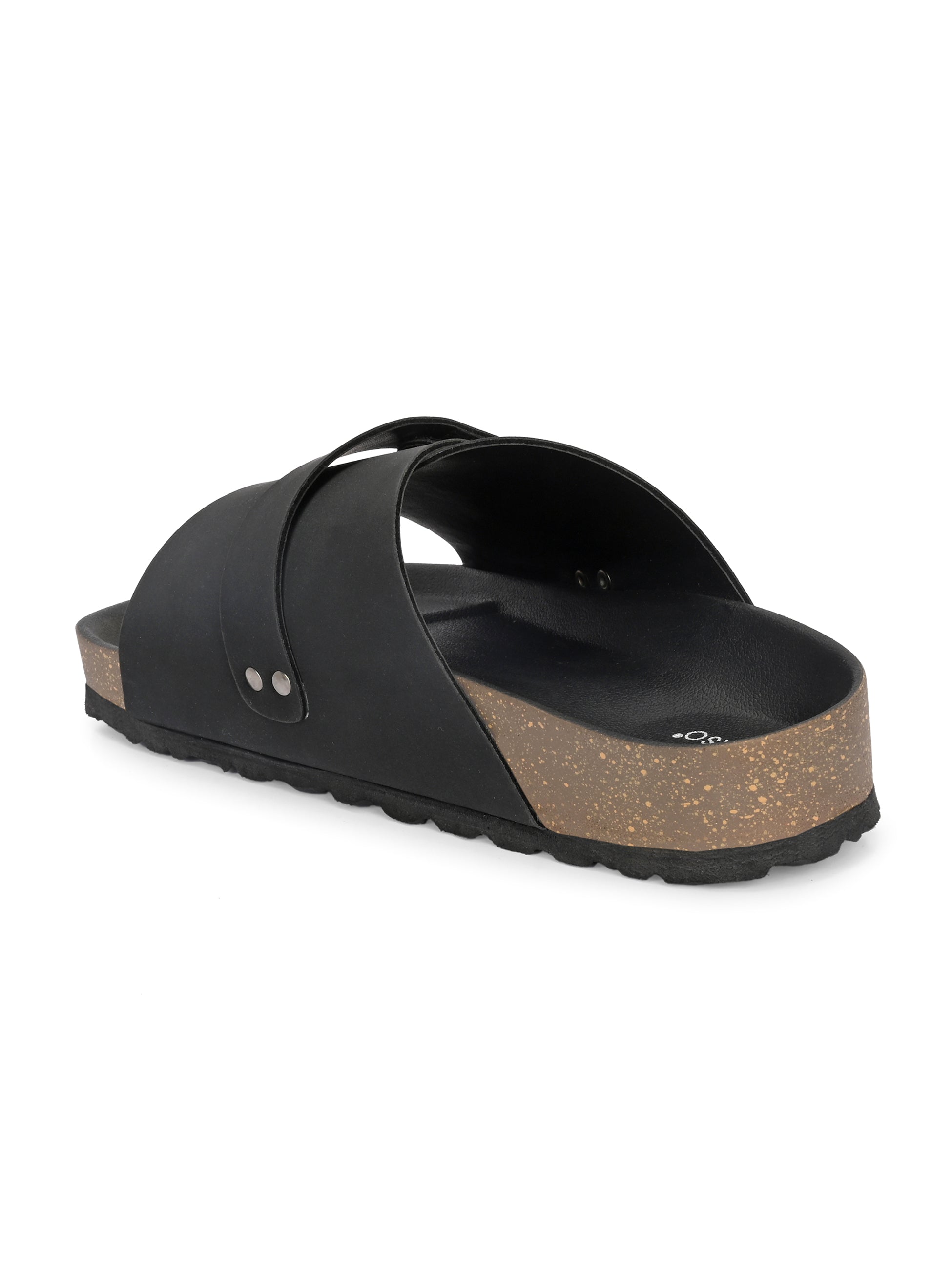 Black Men's casual flat heel strap sandal with slip-on closure
