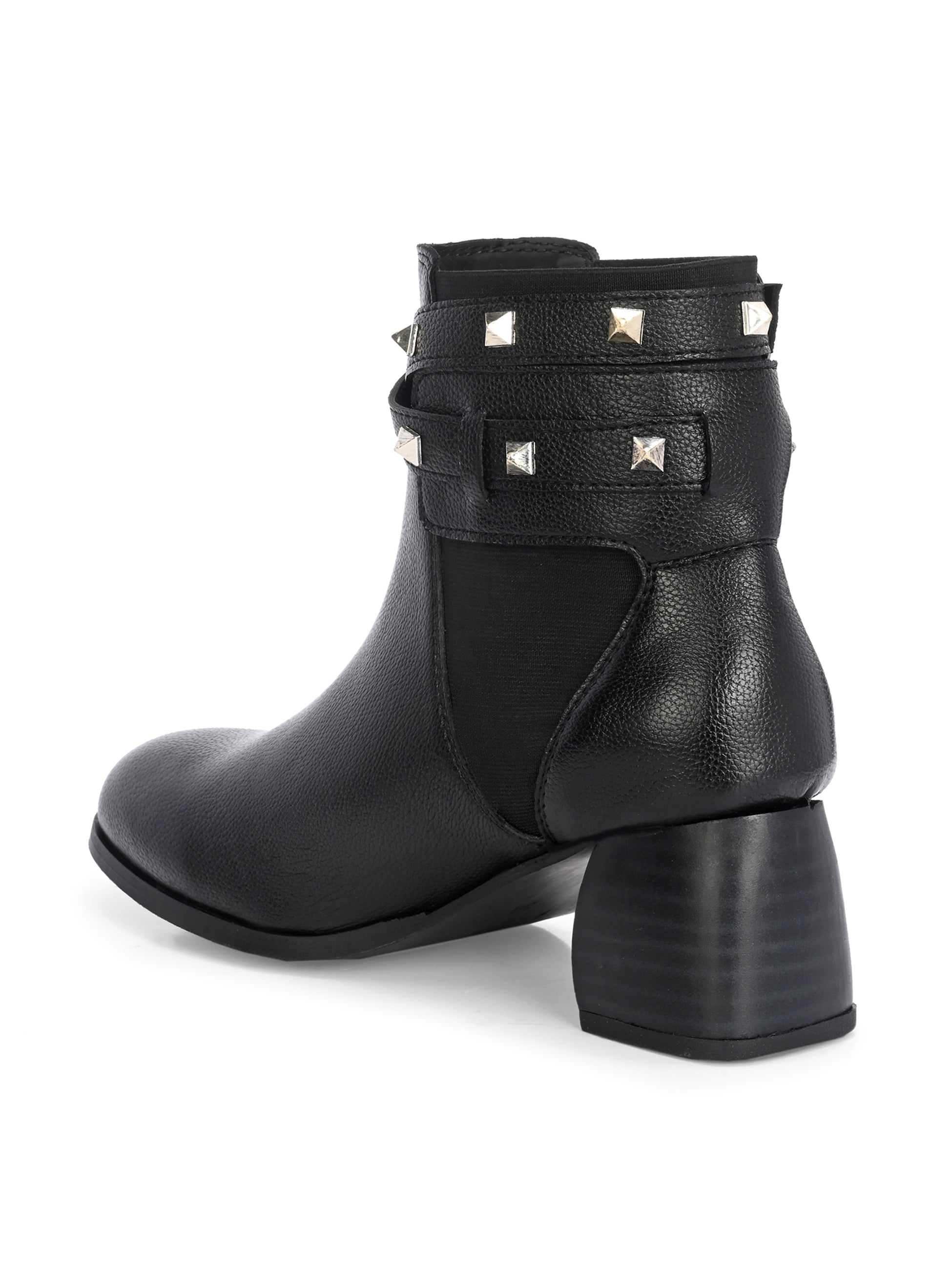 Black leather ankle boots with studded straps and a buckle design.