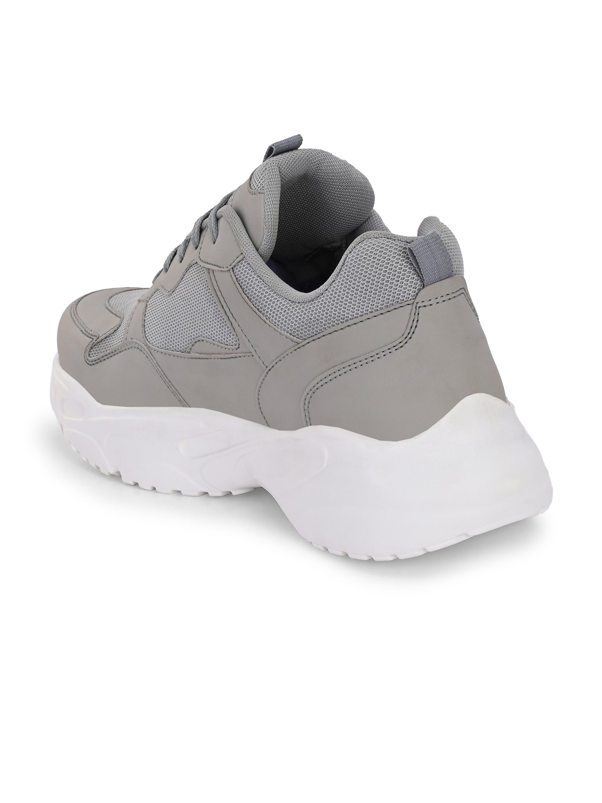 a grey and white sneaker with white heel and lace-up design