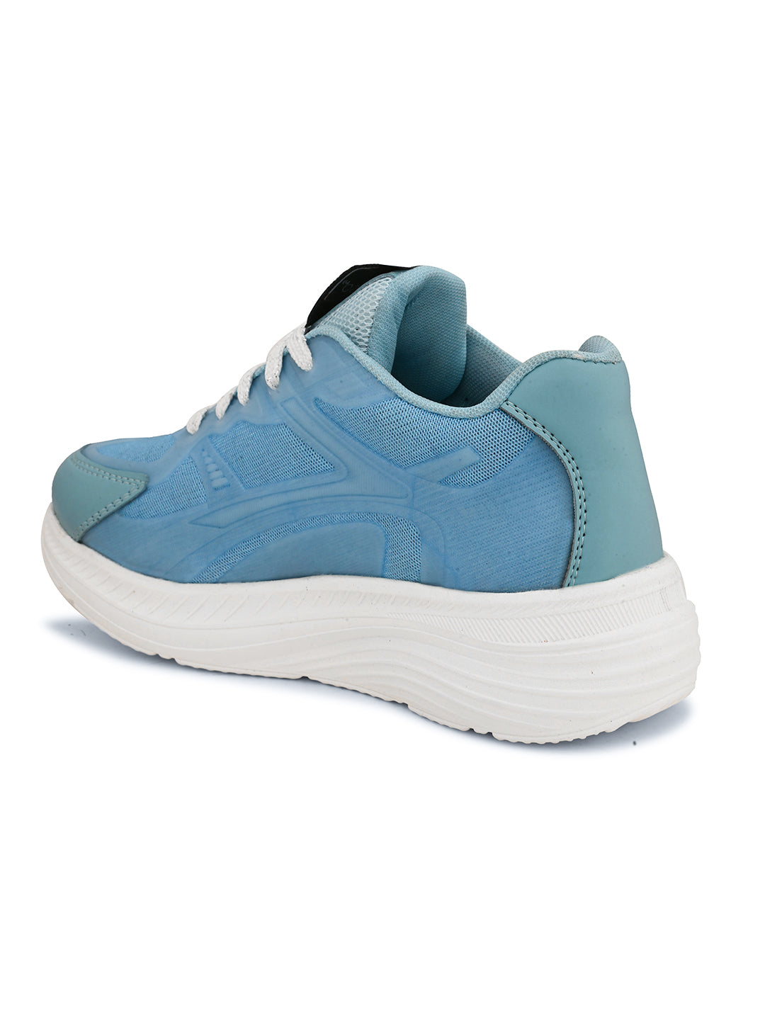 A blue and white sneaker with a simple design.