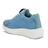 A blue and white sneaker with a simple design.