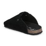 Black suede slip-on clog with a black rubber sole and adjustable strap.