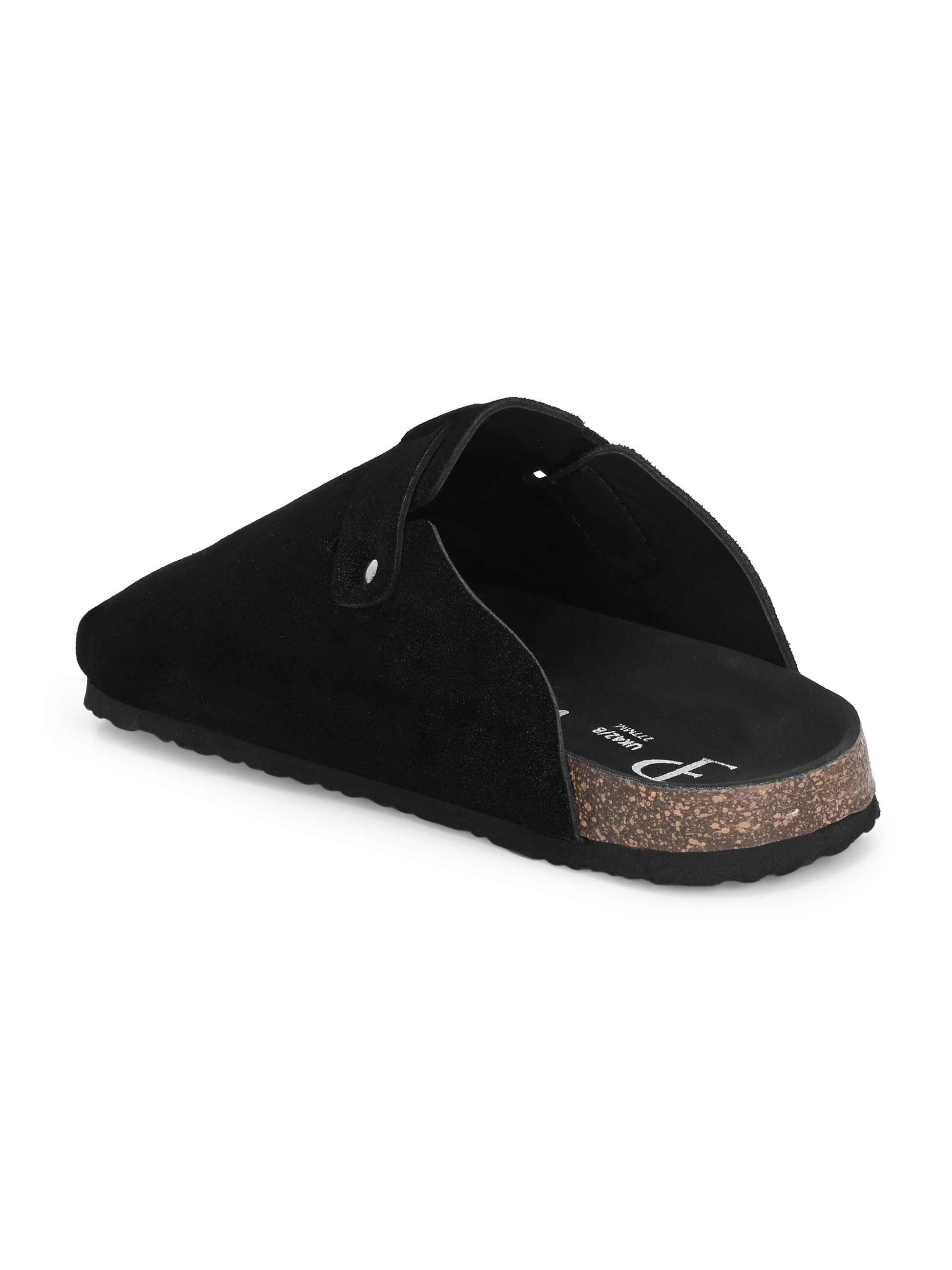 Black suede slip-on clog with a black rubber sole and adjustable strap.