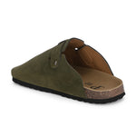 Olive suede slip-on clog with a black rubber sole and adjustable strap.