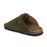 Olive suede slip-on clog with a black rubber sole and adjustable strap.