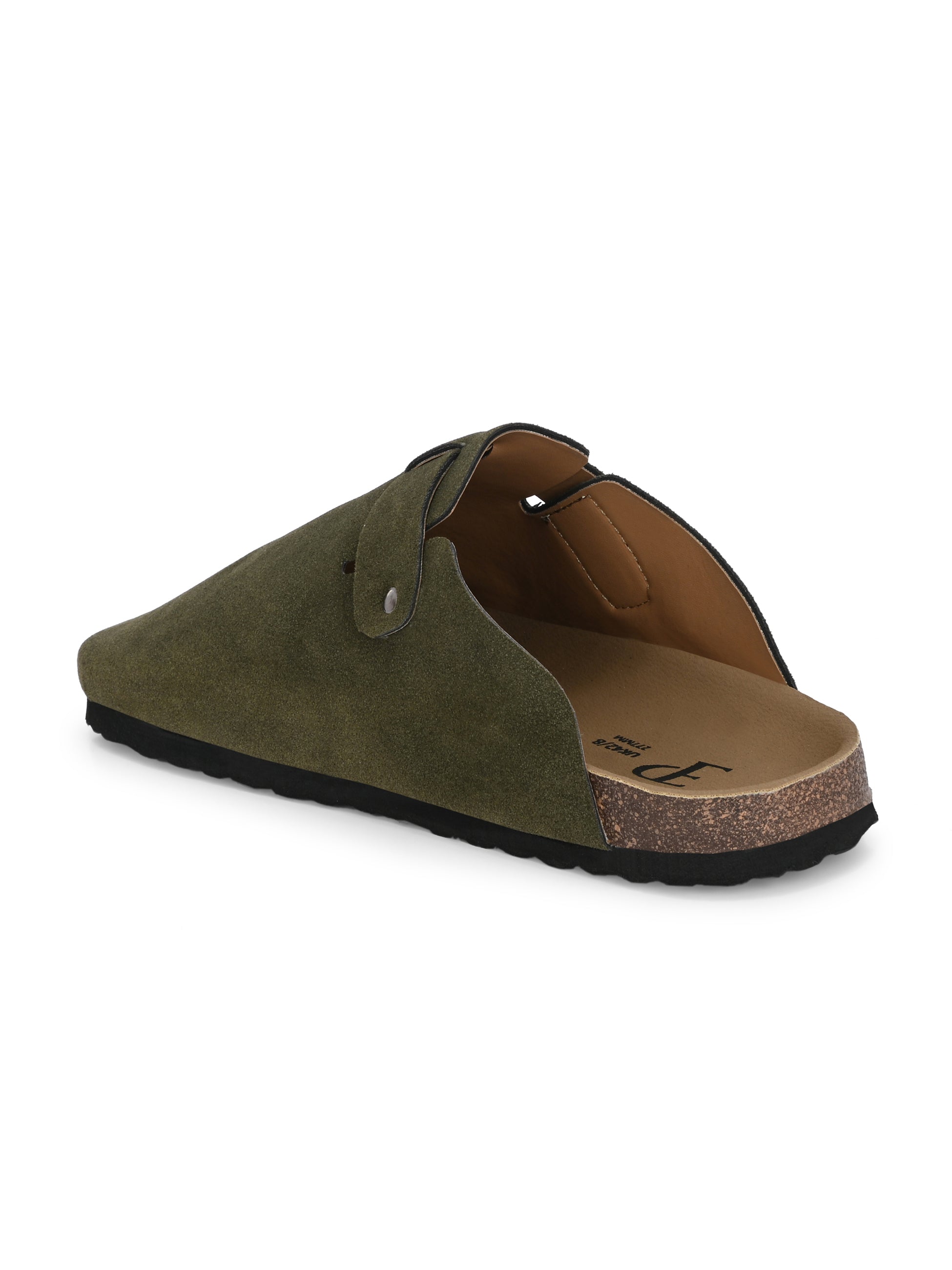 Olive suede slip-on clog with a black rubber sole and adjustable strap.