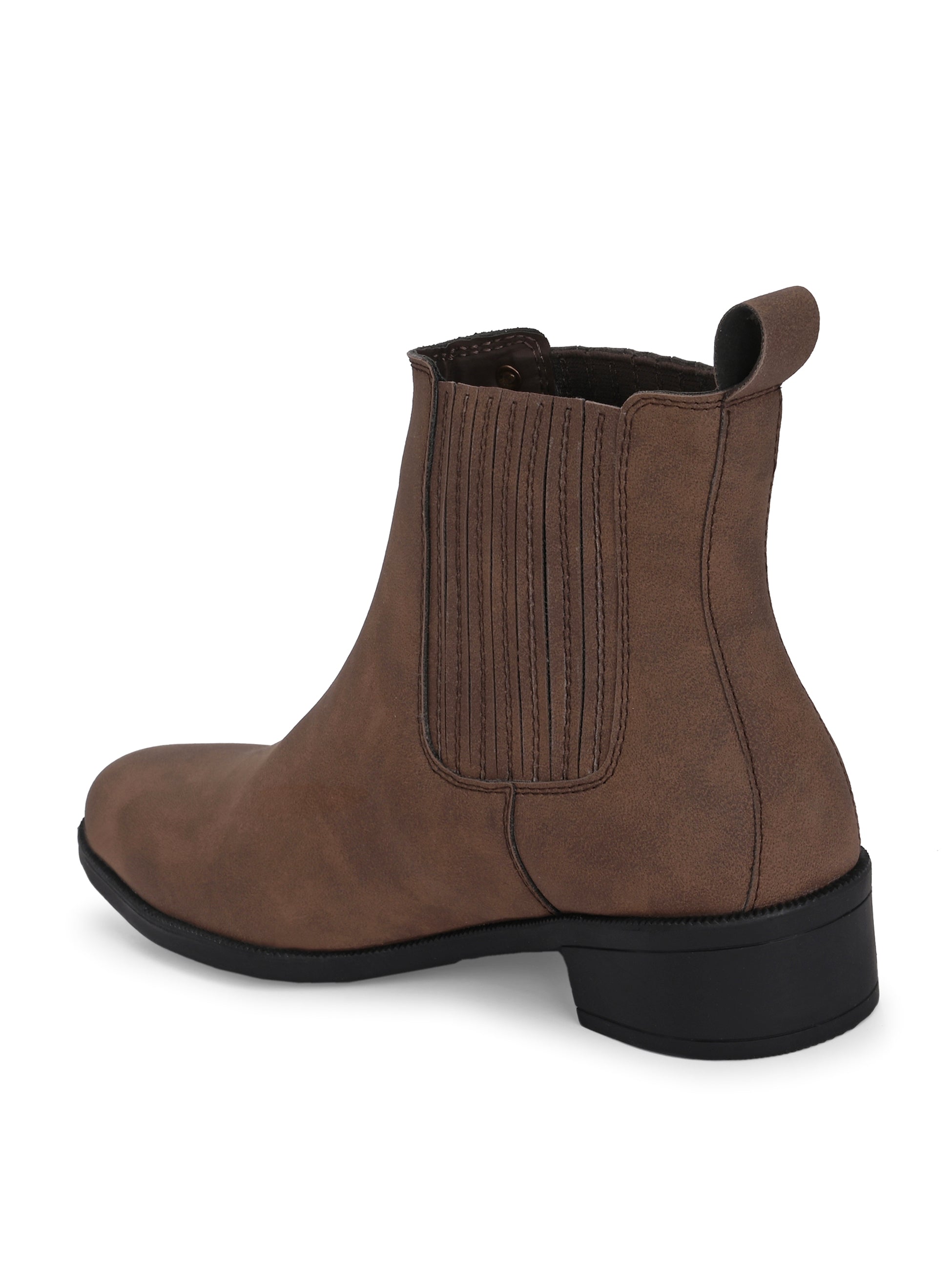 Brown suede slip-on boots with ribbed elastic panels, a pull-tab, and a low block heel for a stylish, comfortable fit.