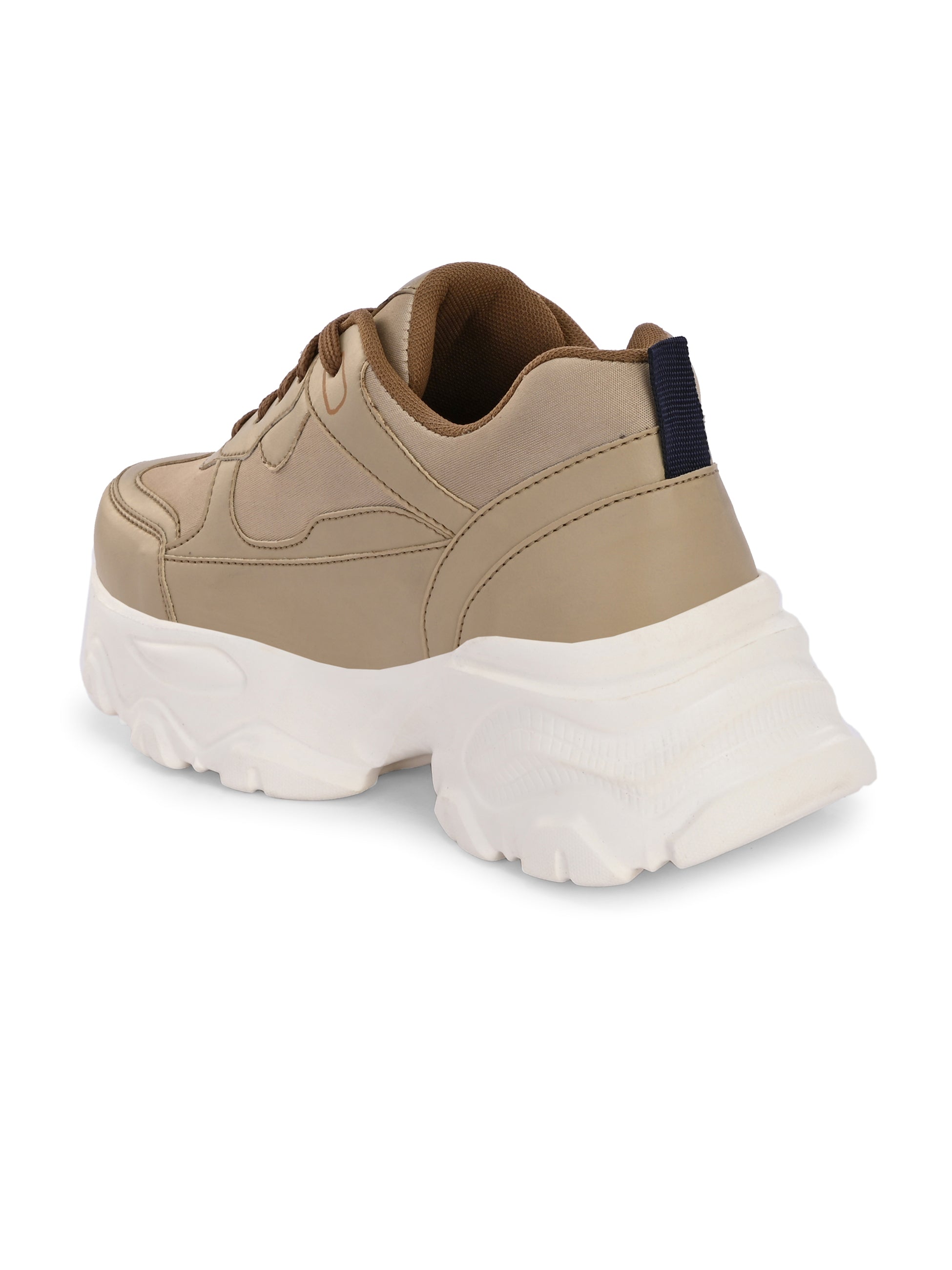 Beige sneaker with a textured white sole, brown laces, and modern detailing, designed for casual and stylish wear.