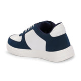 A white and blue sneaker featuring a sleek design and a clean white sole, perfect for casual wear.