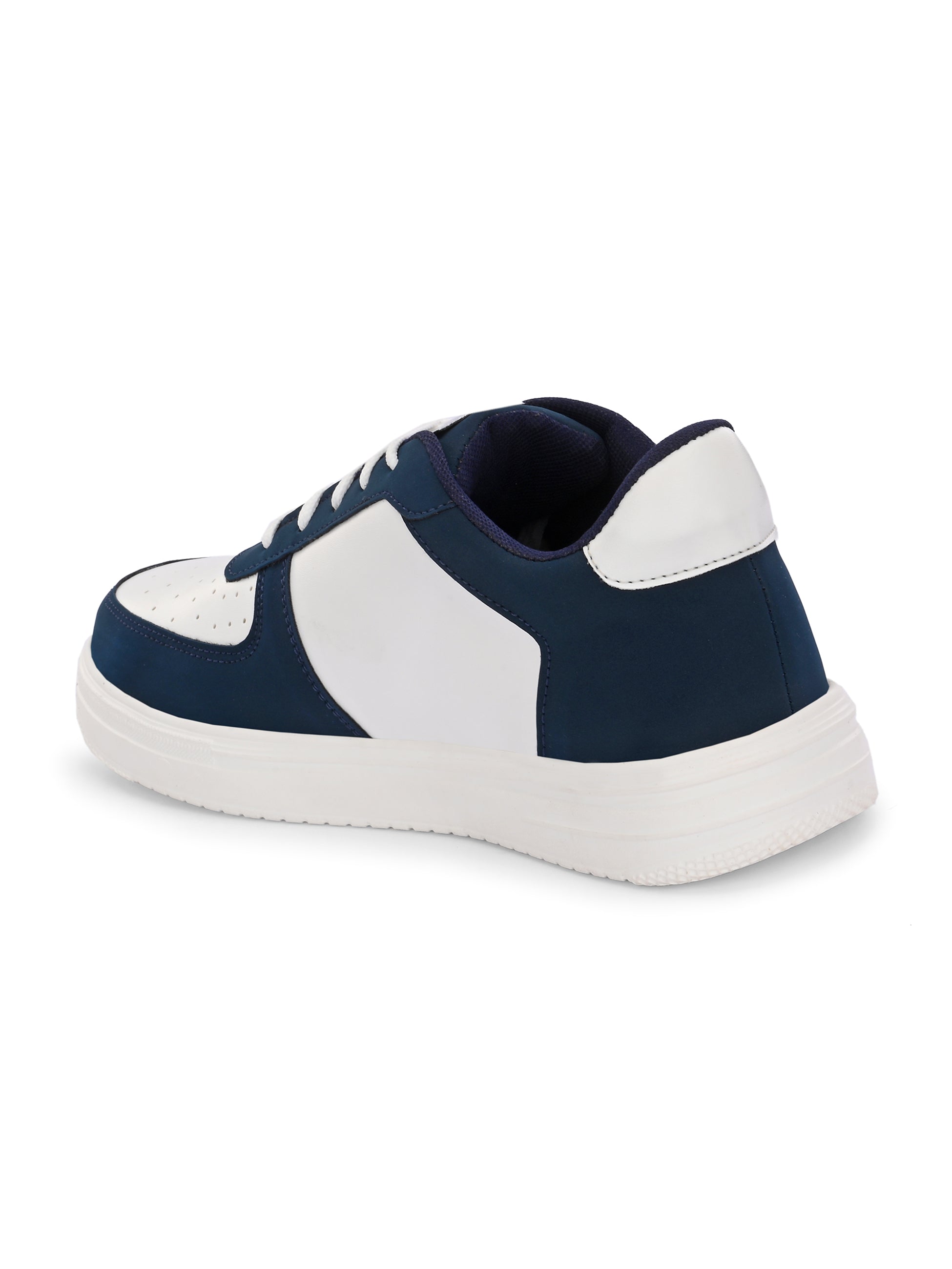 A white and blue sneaker featuring a sleek design and a clean white sole, perfect for casual wear.