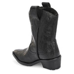 Black ankle boots with intricate decorative stitching, featuring a slip-on design.