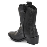 Black ankle boots with intricate decorative stitching, featuring a slip-on design.