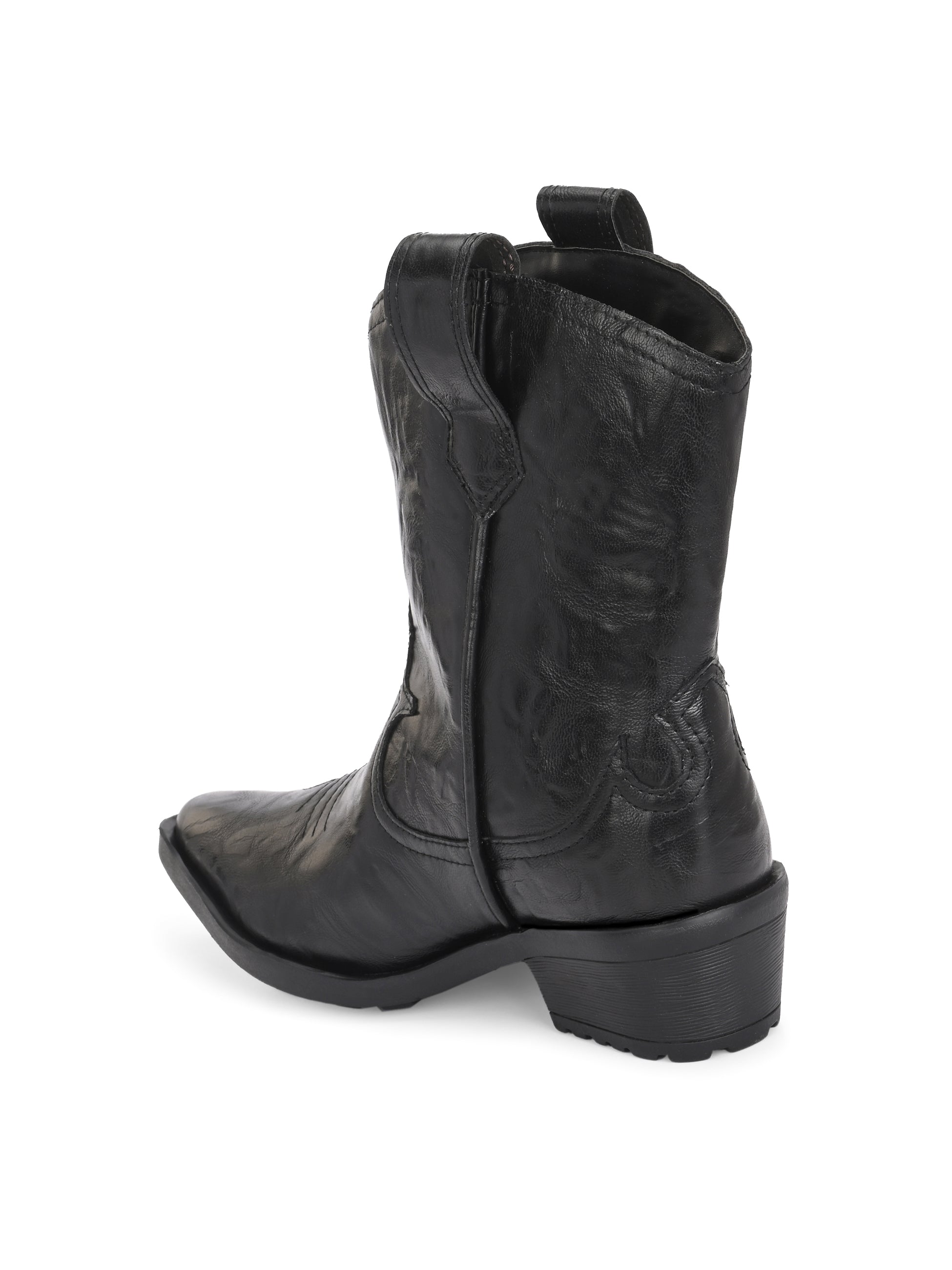 Black ankle boots with intricate decorative stitching, featuring a slip-on design.