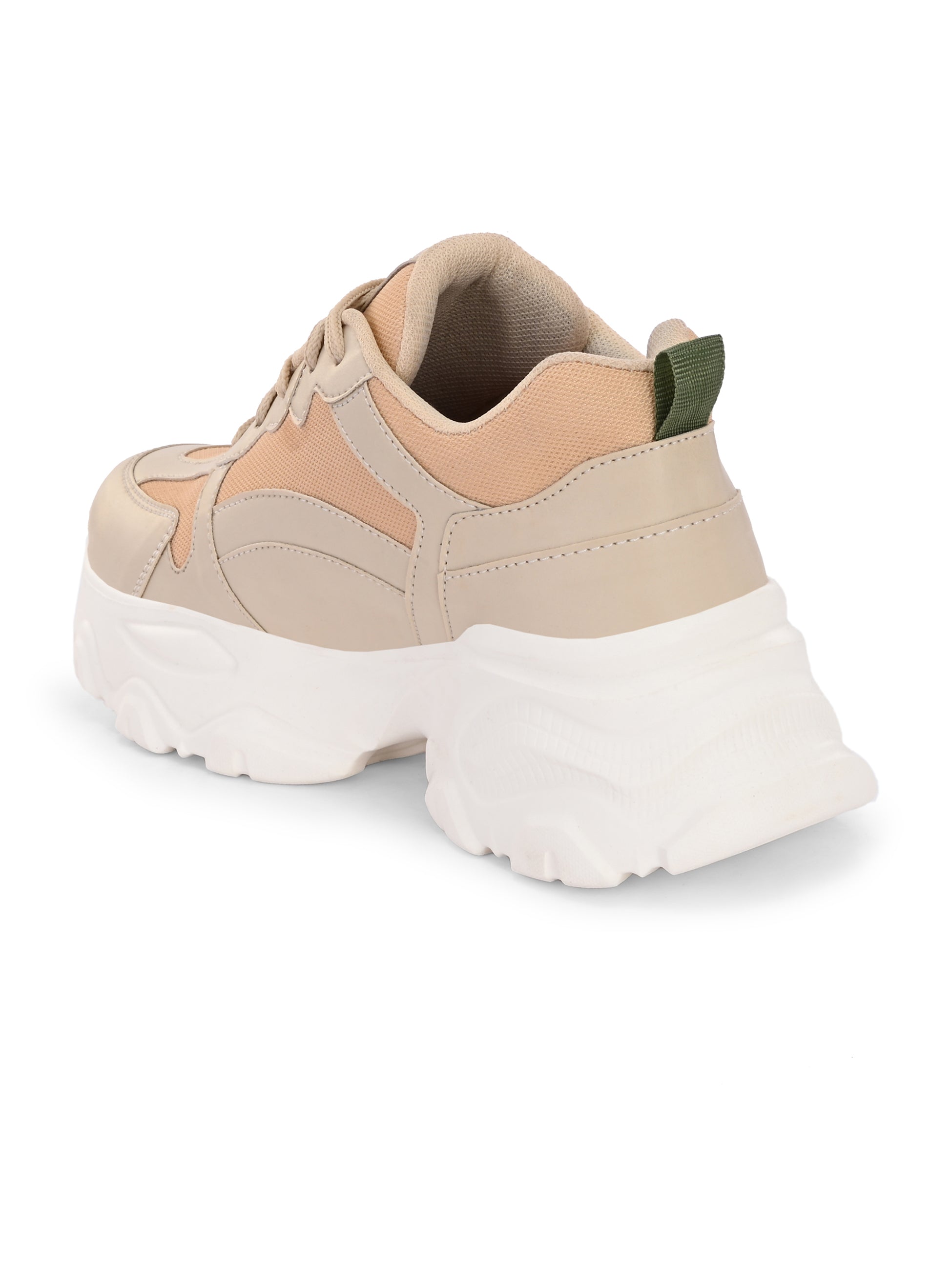 Beige chunky sneakers with a textured sole and mesh accents.