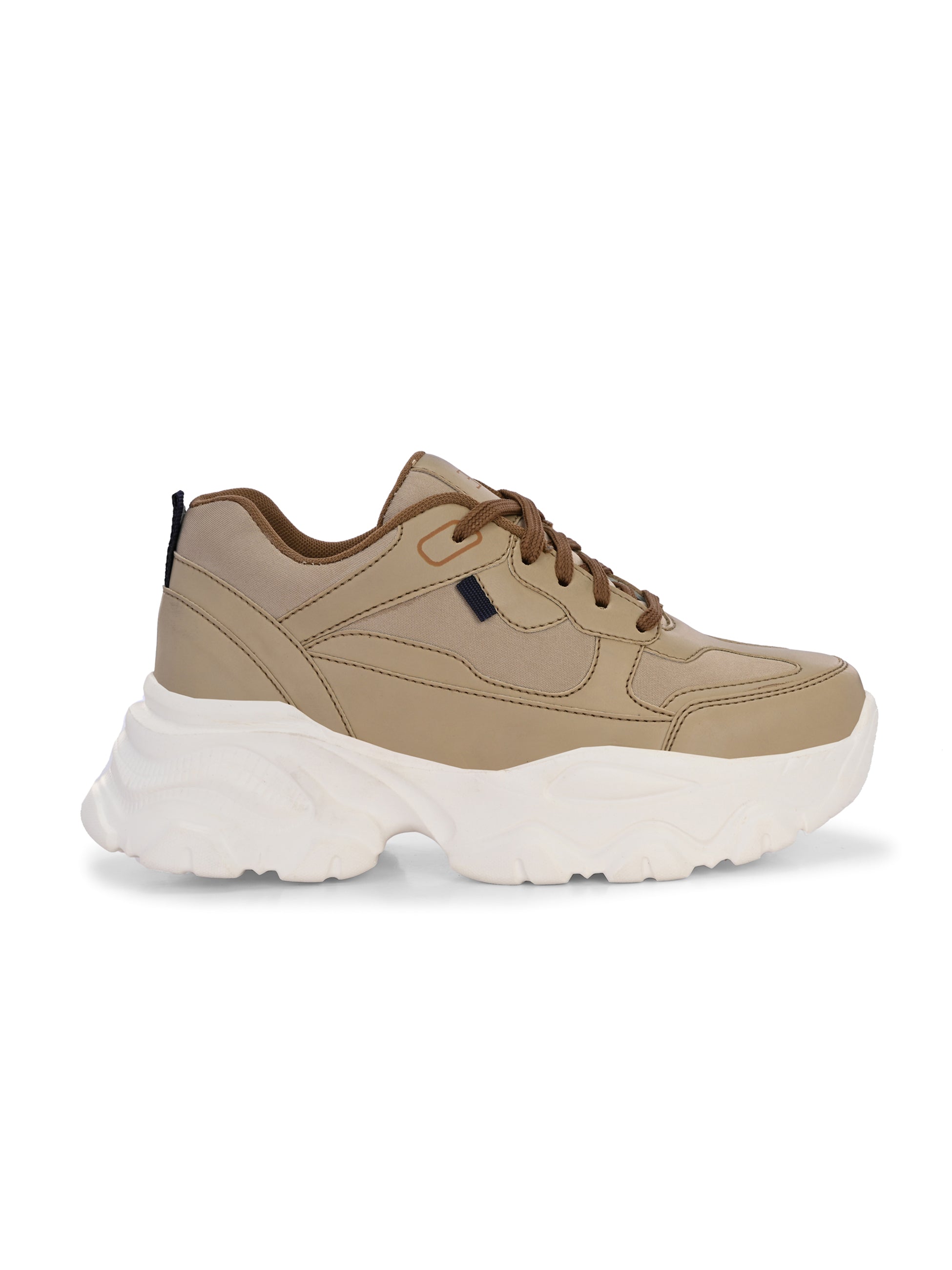 Beige sneaker with a textured white sole, brown laces, and modern detailing, designed for casual and stylish wear.