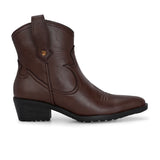 Brown ankle boots with intricate decorative stitching, featuring a slip-on design.