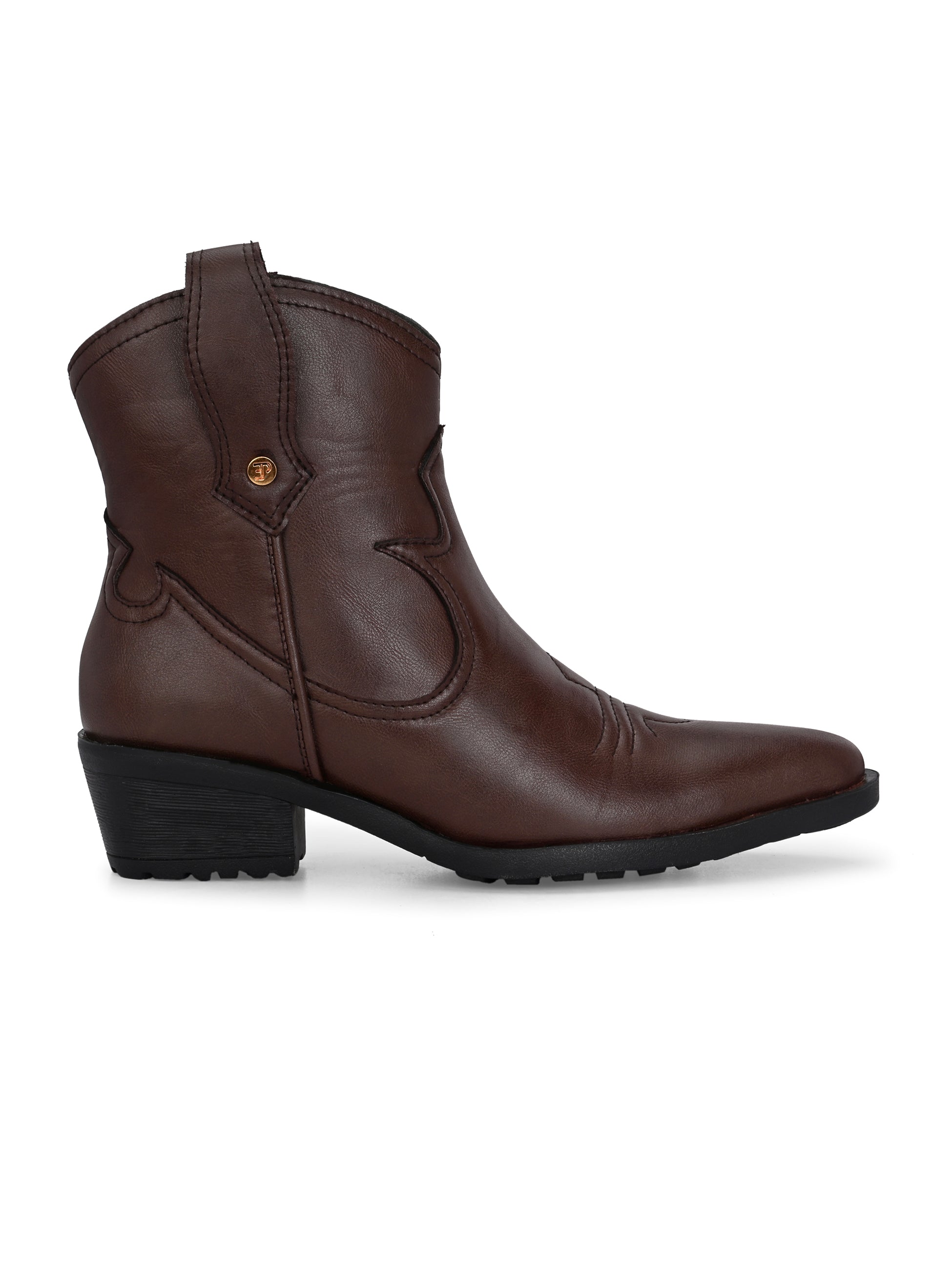 Brown ankle boots with intricate decorative stitching, featuring a slip-on design.